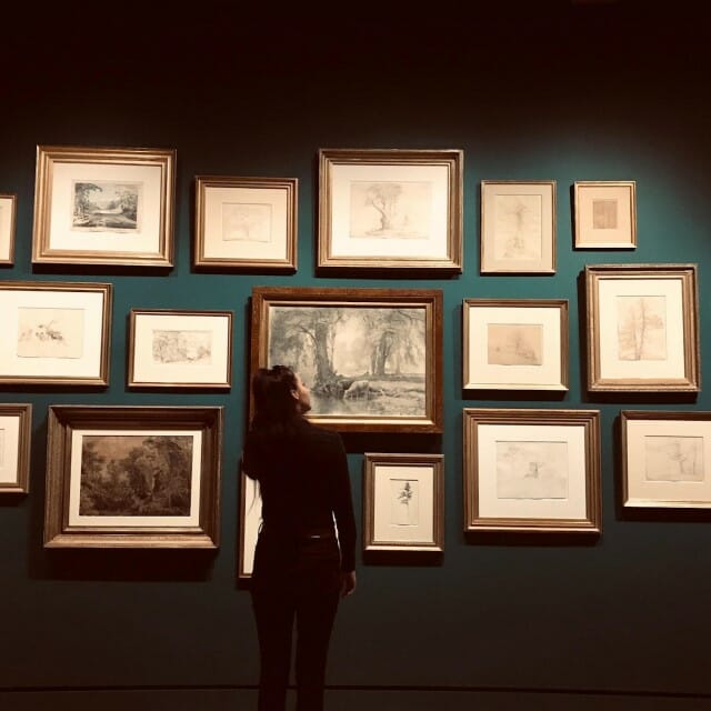 person staring at collection of paintings
